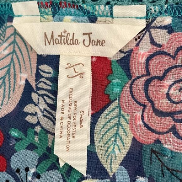 Matilda Jane Women Catalina Floral Babydoll‎ Top L Teal Cottagecore Y2K Boho - Picture 2 of 14